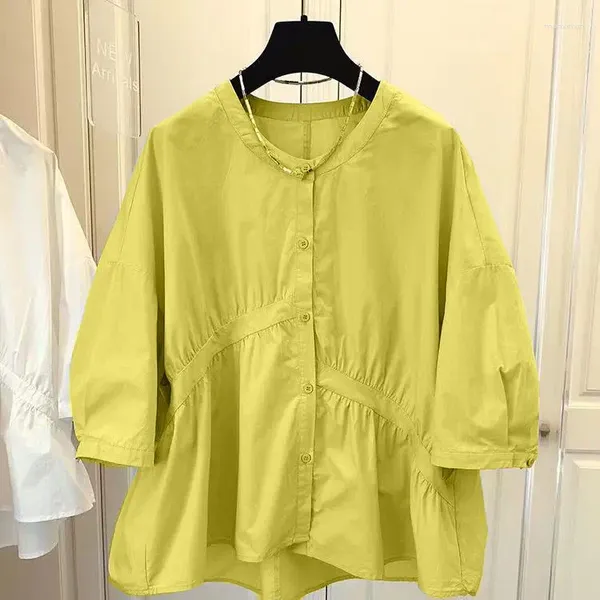 Blouses pour femmes Asymétrique Causal Surdimensionné Lâche Chemise De Poupée Coréen Chic O-cou 2023 Dames D'été Manches Bouffantes Plissé Blusas Mujer