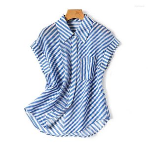 Blouses Asymmetric Ploeged Stripe Silk Chiffon Blouse Summer Women Tops 2024 Korte mouwen Casual Shirt