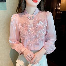 Blusas de mujer otoño 2023 elegante bordado con cuentas jerseys blusa placa hueca cuello con hebilla camisa de satén con lentejuelas manga larga Mujer
