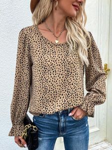 Blouses femme automne 2023 chemise col rond kaki imprimé léopard manches trompette ample décontracté tempérament banlieue haut long