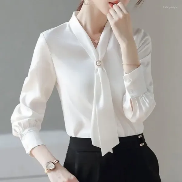 Blouses Femmes Automne 2023 Femmes Bow Tie Blouse Mode OL Style Bureau Top Blanc À Manches Longues En Mousseline De Soie Femme Élégante Affaires Chemise Lâche