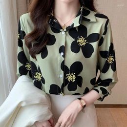 Damesblouses Herfst 2024 Lolita-stijl Gedrukt shirt met lange mouwen Mode Dun satijnen meisjestop Bloemenpatroon Lantaarn