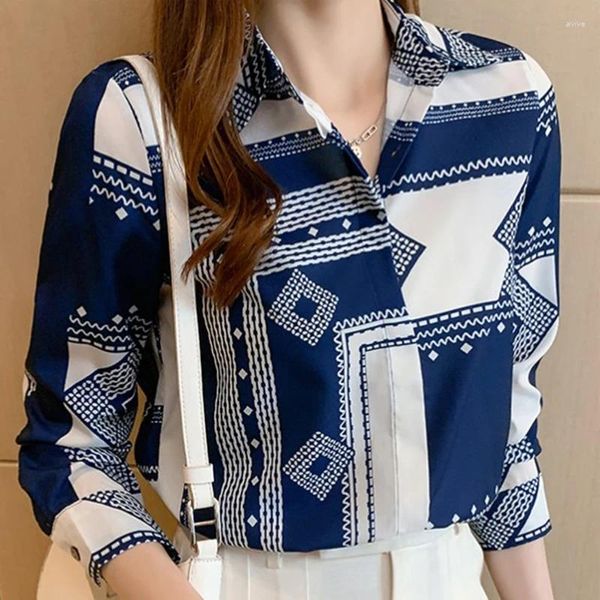 Blusas para mujeres otoño 2024 mujer style style style gran tamaño manga larga top patrón geométrico imprima azul up mujer blusa de oficina