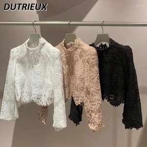 Chemisiers pour femmes automne et hiver col haut bulle manches longues dos fermeture éclair chemise courte évider dentelle haut pour femme chemisier doux