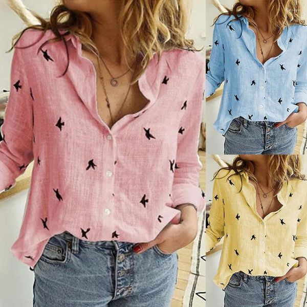 Blusas de mujer, camisa con estampado de pájaros de otoño, blusa informal de manga larga con cuello vuelto para mujer, blusas para mujer, camisas ajustadas de oficina para mujer