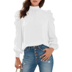 Blusas de mujer Otoño Casual Blusa suelta Elegante Medio alto Cuello redondo Camisa de manga larga Moda Color sólido Corbata trasera