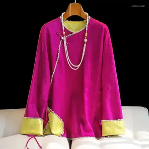 Damesblouses Herfst Chinese stijl O-hals Jacquard Overhemd met kralen Enkele knoop Contrasterende kleur Manchetten Mode Roze Rood Top S-XXL