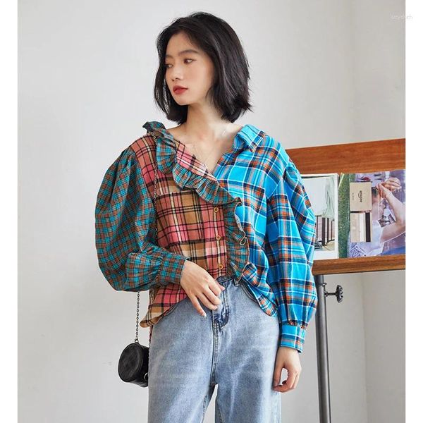 Chemisiers pour femmes automne contraste couleur Plaid chemise asymétrique femmes rétro ample tout-match mode Style occidental