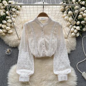 Damesblouses Herfst elegante blouse voor dames Beige lantaarnmouwen Ruche Breasted Geplooid Mesh Patchwork Tops Vrouwelijke chique vintage shirts