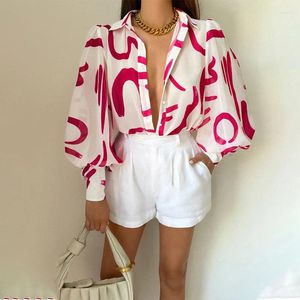 Blouses pour femmes Automne Chemises boutonnées élégantes Femmes sexy Lanterne Manches bouffantes Revers Tops Mode Commute Col V profond Blouse imprimée