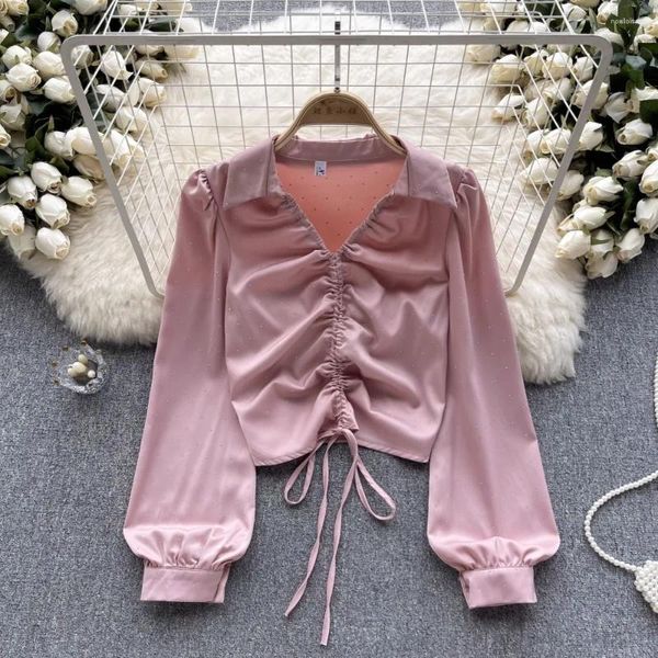 Blouses pour femmes Automne Fashion Femmes Blouse Shirring Col de remin-down Long Puff Sleeve Lace Up Shirts Chic Vesatile Ladies Tops Drop