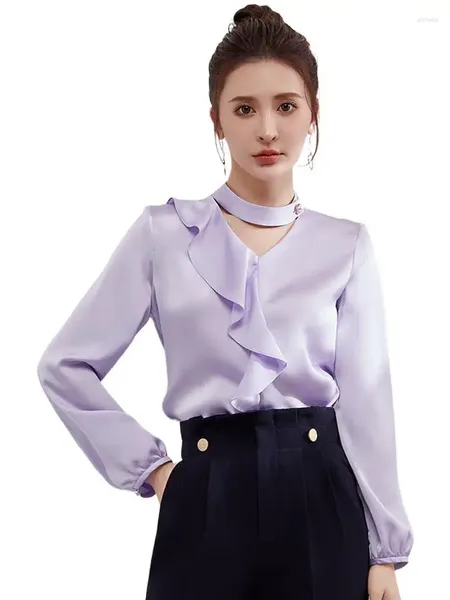 Blouses Femmes Automne Mode Femmes Creux Col V Satin Chemises Plus Taille Élégant Chic Bureau Dames Vêtements De Travail À Volants Soie Tops 6XL