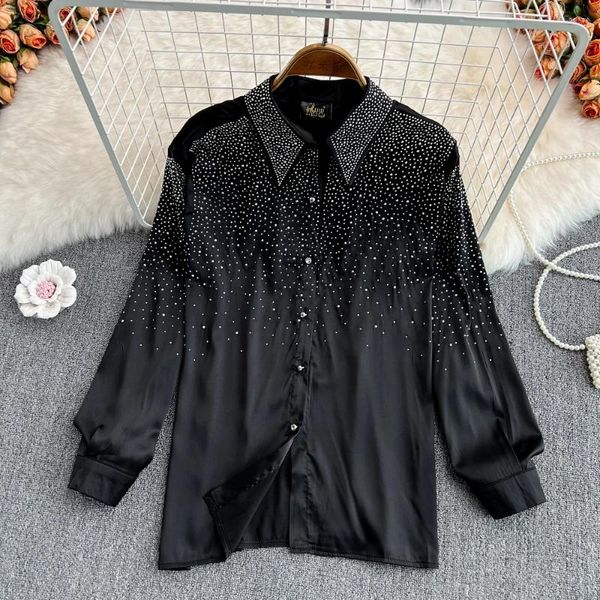 Blusas de mujer otoño Flash Diamond Lazy suelta delgada moda camisa con una botonadura moda y única Top de manga larga