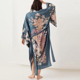 Dames Blouses Herfst Kaftan Waterval Gewaad Diepblauwe Bloemenprint Kimono Mouw Boho Vest Zijsplitten Zigeuner Bikini Cover Strand