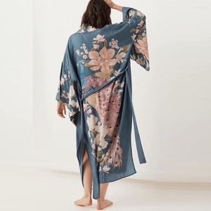 Chemisiers Femme Automne Kaftan Cascade Robe Bleu Profond Floral Imprimé Kimono Manches Boho Cardigan Fentes Latérales Gypsy Bikini Couverture Plage