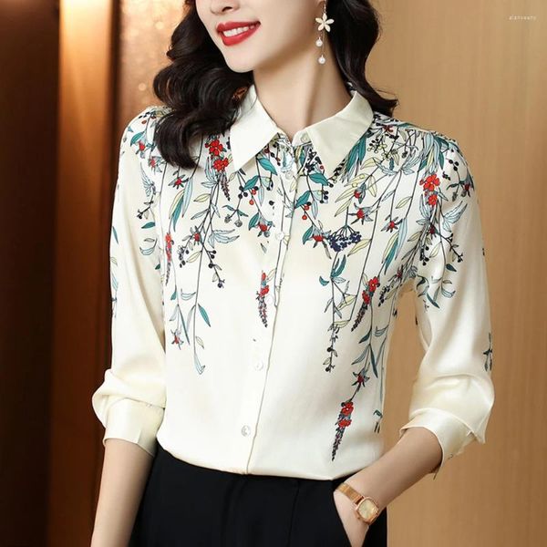 Blouses Femmes Automne Manches Longues Satin Soie Chemises Femmes Mode Imprimé Floral Chemisier 2024 Élégant Dames Hauts Vêtements Blusa Mujer