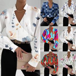 Blouses pour femmes Automne à manches longues Sexy Sexy V-Neck Patchwork Murffon Shirts Casual Flower Printing Blouse Top 2024 Spring Women Elegant