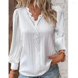 Blusas de mujer Otoño de manga larga con cuello en V Tops de encaje Camisa Mujer Casual Blusa de gasa blanca Blusas de oficina Femininas Elegantes Estilo