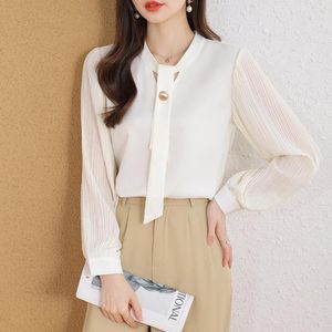 Blusas de mujer, camisas blancas de estilo pijo de otoño con corbata, blusas combinables de manga larga elegantes coreanas para mujer, blusa Vintage Harajuku para chica, ropa