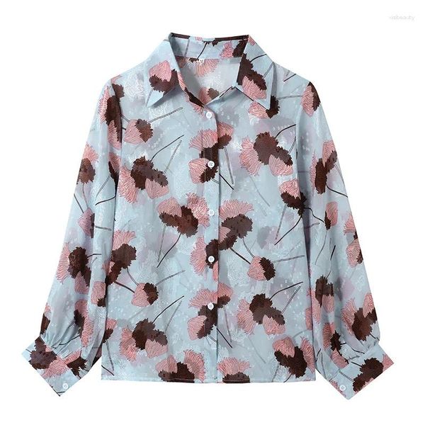 Blusas de mujer Otoño Primavera Camisas de Mujer Negro Blanco Rosa Estampado de flores Moda Camisa de gasa de manga larga delgada Tops femeninos Blusas Mujer