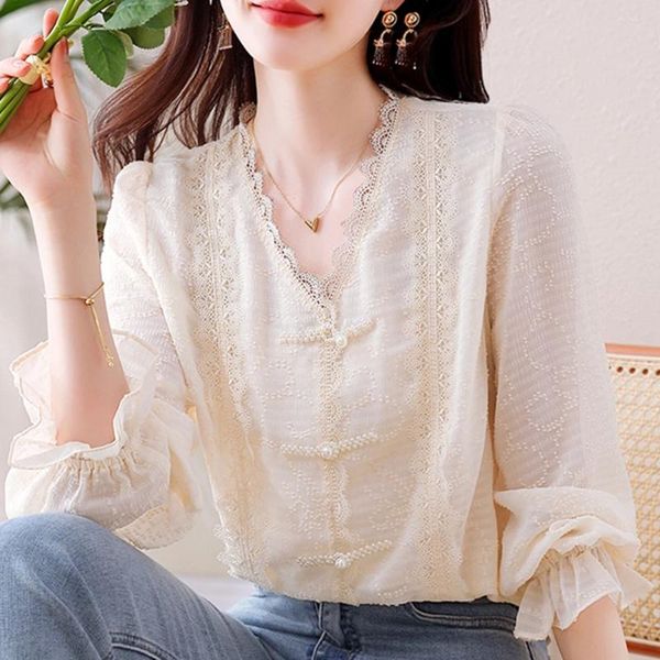 Blusas de mujer estilo otoño cuello en V manga larga elegante con cuentas gasa encaje camisa blusa para 2024 Top adelgazante holgado