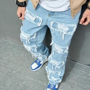 Damesblouses herfst stijlvolle mannen gescheurde patch gesplitste hiphop jeans streetwear losse mannelijke rechte denim broek broek broek