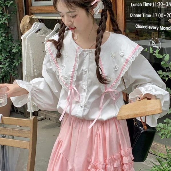 Blouses pour femmes Automne Sweet Lolita Style Blouse Tops Femmes Kawaii Rose Bandage Dentelle Volants Chemises Blanches Printemps Casual Mignon À Manches Longues