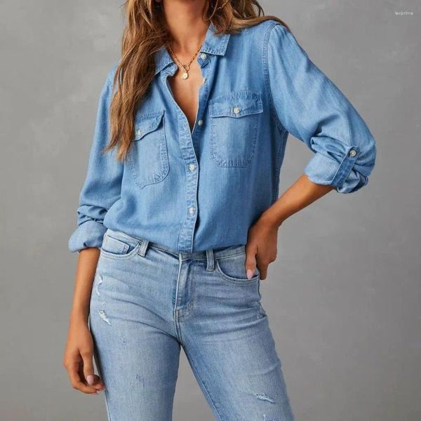 Chemisiers pour Femmes Automne Chemise en Denim Mince Poche d'épissure Confortable Blouse décontractée à Manches Longues Simple Boutonnage Hauts à Revers Dames