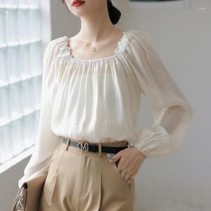 Women's Blouses Autumn Vintage Puff Sleeve Blouse 2024 Sqaure kraag Koreaans Casual kantoor dames geplooide shirts tops vrouw