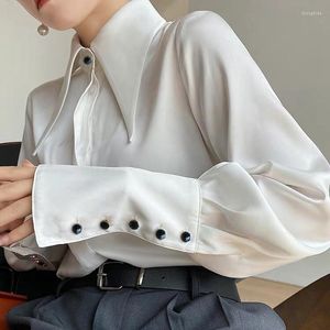 Blusas de mujer Otoño Vintage Satén Seda Camisa de mujer Elegante Turn Down Collar Mujer Blusa Blanca Manga larga Camisas de mujer Tops Blusas