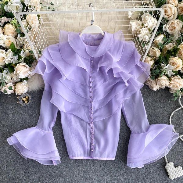 Blusas para mujeres otoño blanco romántico soltero mujeres lindas tops negros dulces elegantes espoleta de manga volante