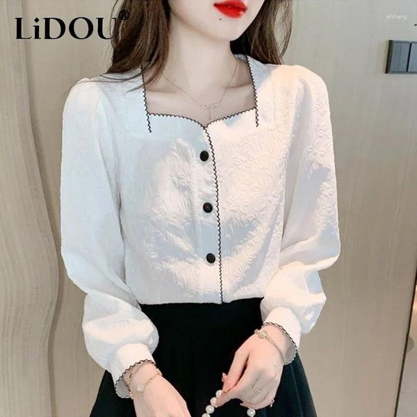 Blouses Femme Automne Hiver Élégant Mode Chic Blanc Chemisier En Mousseline De Soie Femmes Boutons Tout-match Chemise À Manches Longues Vêtements Féminins Hauts Coréens