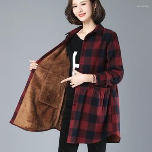 Women's Blouses herfst winter bont beklede jas middellange geruite shirt voor vrouwen oversized warme jassen Koreaanse mode verdikte jassen 2023