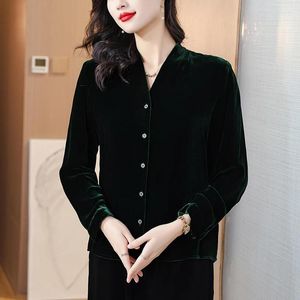 Blouses Femmes Automne Hiver Vert Velours À Manches Longues Femmes Mode Moulante Chic Top Chemises 2024 Coréen Vintage Casual Dames Manteaux