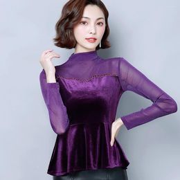 Blusas de mujer Otoño Invierno Pleuche Purple Mesh Patchwork Sexy Bottoming T-shirt Ladies manga larga Slim Pullover Tees ropa B285