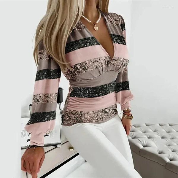 Blouses pour femmes Automne Hiver Rayé Imprimé Femmes Chemises Sexy Col En V Lanterne Manches Casual Élégant Slim Fit Bureau Dames Plis