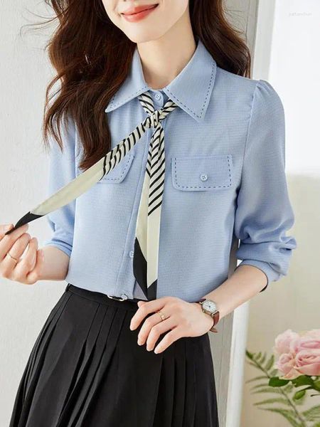 Blouses pour femmes automne femmes Blue Blouse bureau revers à manches longues à manches longues coréen slim tops formels single poitrine élégante