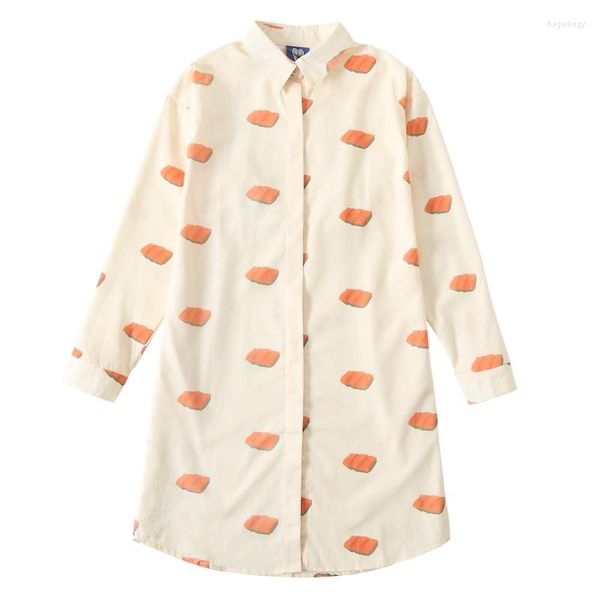 Blusas de mujer, vestido camisero largo de otoño para mujer, manga informal holgada, Top de algodón para mujer, bonito diseño de parche de primavera con estampado de Sushi