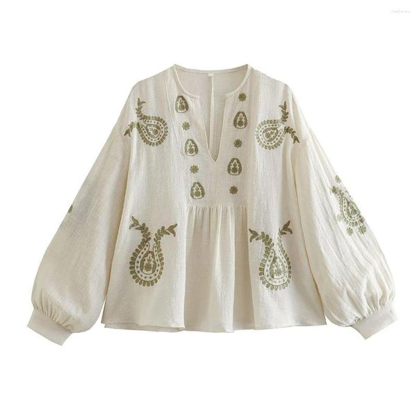 Blouses pour femmes AYUALIN Boho plage broderie florale chemises amples Blouse été décontracté col en v lanterne à manches longues couverture en coton femmes