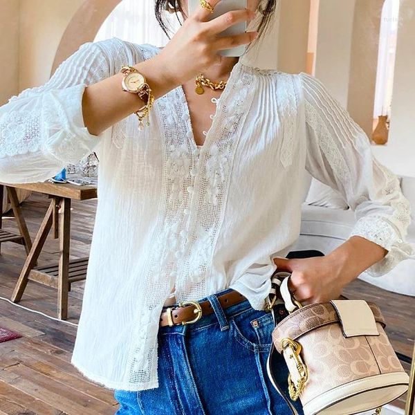 Blouses Femmes Ayualin Blouse en coton à manches longues Chemises 2024 Vintage Gypsy Boho Blanc Foral Brodé Dentelle Femmes Party Ladies Tops