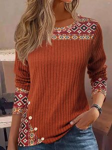 Blouses Femmes Aztèque Bouton Géométrique Côtelé Manches Longues Casual Lâche Pour Femmes Mode 2023 Automne Vintage Chemises Jeunes Femmes Tops