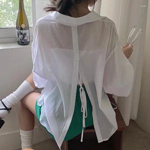 Blouses pour femmes Back Lace Up Split Protection solaire Soleil Transparent Chemise Blouse Femme Blanc Blusas Mujer de Moda 2024 Corée des tops lâches