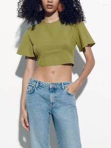 Chemisiers pour femmes dos nu Design haut femmes 2023 vert Olive récolte femme O cou Vintage à manches courtes Blouse été Streetwear Chic hauts