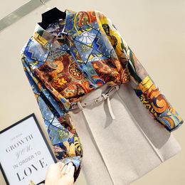 Women's Blouses Baju Kurung Moderne Polo Collar Koreaanse retro Western Style Abstract Print Long-Sleeved Shirt