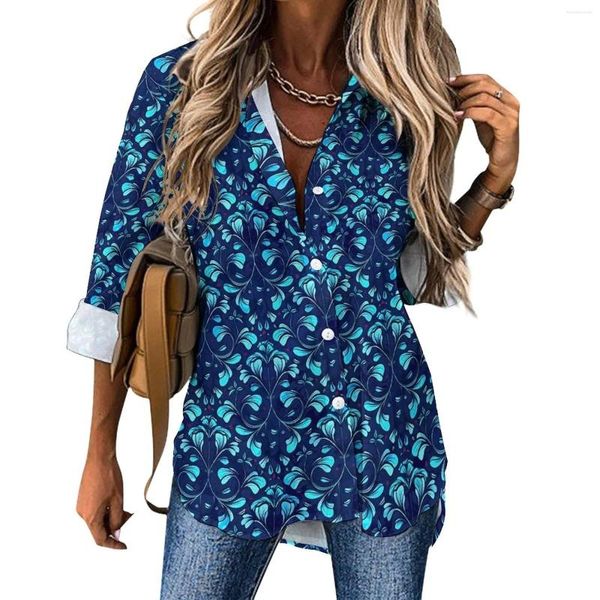 Blouses pour femmes Blouse ample en brocart baroque bleu floral streetwear surdimensionné femmes à manches longues chemises cool automne vêtements graphiques