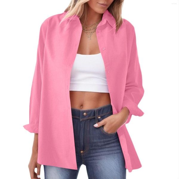 Blusas de mujer Camisa básica de colores caramelo Hermosa con cuello 2023 Verano Rosa Camisas abotonadas Tops de manga larga de gran tamaño