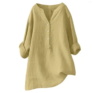 Chemises de couleur solide de base des femmes à manches longues en V à manches longues en V 2024 en lin en coton