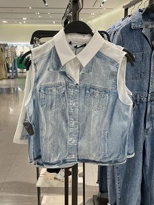 Women's Blouses Bazaleas Button Up shirts en voor vrouwen Fashion Blue Denim Print Shirt Mouwloze Satin Crop Top Blouse