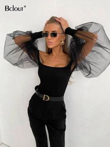 Dames blouses bclout mode zwart gebreide tops vrouwen 2023 lente mesh puff puff mouw elastische sexy elegant katoenen patchwork feest slank