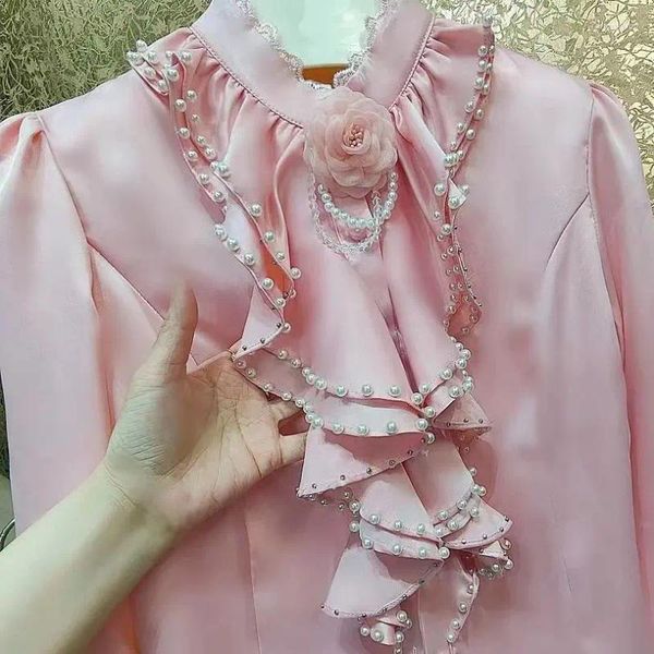 Bloses de mujer Puntada de flores con cuentas Rosa para mujeres 2024 Spring Otoño en la oficina de manga larga Dama Camisas de Mujer